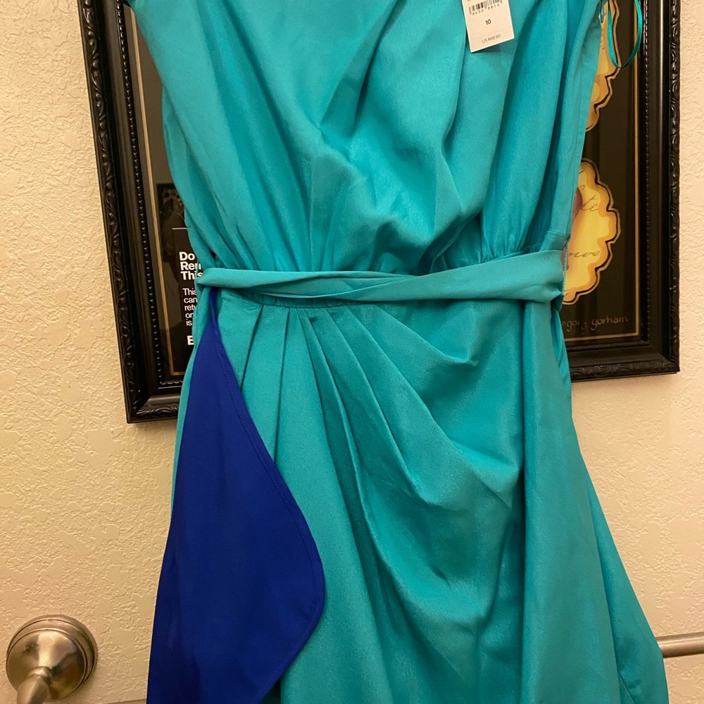 Strapless Express turquoise dress with side zipper. Wrap around tie. Size 10 - Picture 3 of 6